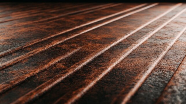 Close-up of a textured surface with parallel lines, showcasing rich brown and dark hues.