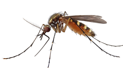 Macro close-up of a mosquito, an insect pest, isolated on a white background, sucking blood