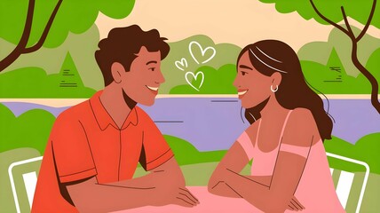 Fototapeta premium Young couple on romantic date in park setting, smiling at each other with heart symbols between them, surrounded by lush greenery and water view