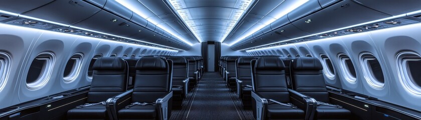 Obraz premium A modern and spacious airplane interior with sleek design and ambient lighting.