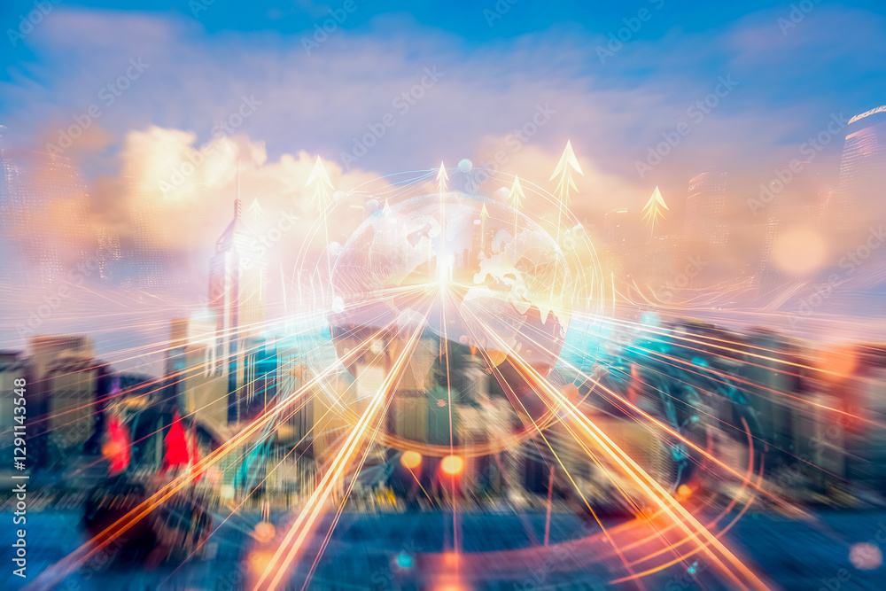 Poster Hong Kong cityscape embodies a business concept of growing up. Light trails and upward arrows symbolize global expansion and development.