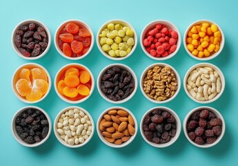Colorful Assortment of Dried Fruits, Nuts, and Candies Arranged in Bowls on a Vibrant Blue Surface for Healthy Snacking and Desserts
