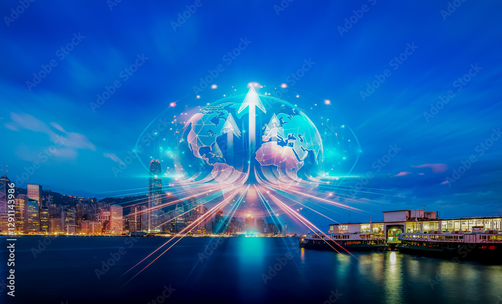 Poster hong kong cityscape at night with a glowing globe and upward arrows symbolizing business growth and 
