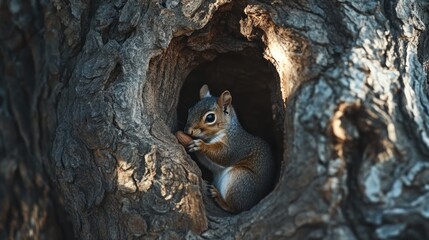 Obraz premium Squirrel nestled in a tree hollow, enjoying a nut, surrounded by textured bark and dappled sunlight