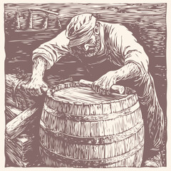 Vector illustration of a cooper crafting a barrel. Vintage style image of a craftsman working with wood, perfect for historical or artisanal themes.