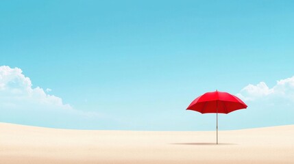 Bright Red Umbrella Standing Alone on Serene Sandy Beach Under Clear Blue Sky with Soft White Clouds in Background