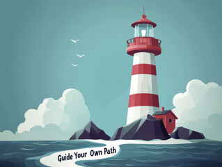minimalist lighthouse stands tall against serene ocean backdrop, encouraging viewers to Guide Your Own Path. vibrant red and white stripes add pop of color to tranquil scene