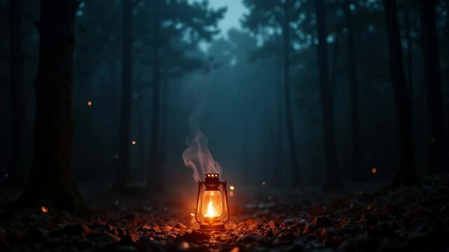 Magical lantern glowing with golden light on the background of a Mystical Forest path, Autumn atmosphere