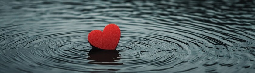 Fototapeta premium A red heart floats gracefully on rippling water, symbolizing love and tranquility.