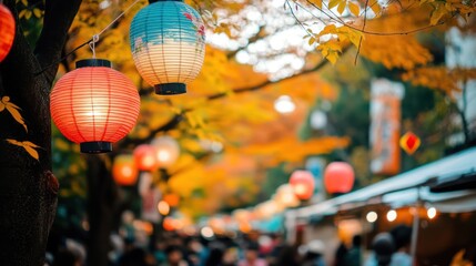 Fototapeta premium Colorful Lanterns Hanging in Autumn Park with Golden Leaves Background