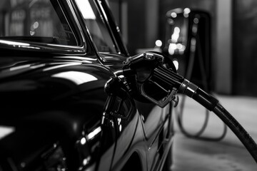 Fototapeta premium Black and white photo of a classic car being refueled at a vintage gas station. The focus is on the fuel nozzle and the car's sleek design.