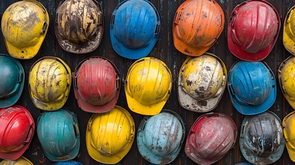 Assorted colorful hard hats piled on a surface. Workplace safety theme,