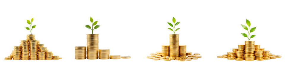 Set of Growing Investment Concept with Stacked Coins and Plants
