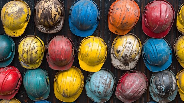 Assorted colorful hard hats piled on a surface. Workplace safety theme,


