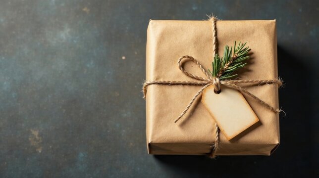 A rustic brown gift package tied with twine, adorned with a sprig of evergreen and a blank tag, rests on a dark surface.