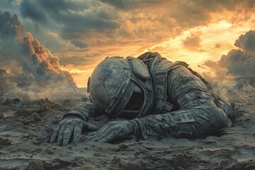 A soldier lying in a desolate war torn environment