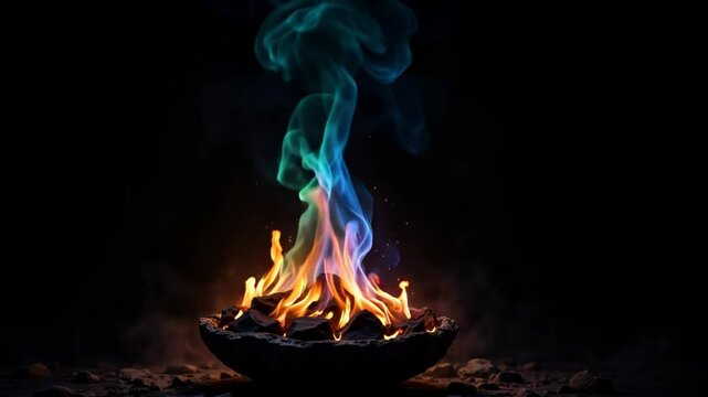 Magical Rainbow Fire Dancing in Ancient Stone Vessel, Supernatural Color Transformation Effect