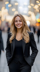 Fototapeta premium A beautiful Russian woman smiles as she walks stylishly through the modern city streets.