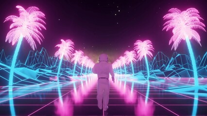 Astronaut runs surrounded by flashing neon lights. Retro 80s style synthwave background. 3d illustration
