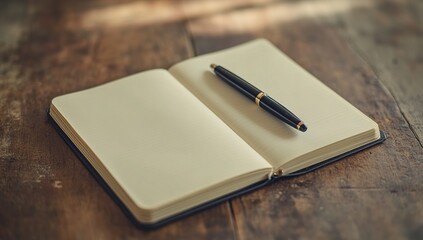Blank Notebook Awaits: Ideas, Thoughts, and Dreams Capture with Pen on Rustic Wood