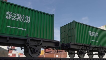 Train and containers with the flag of Saudi Arabia. Railway transportation. 3d illustration