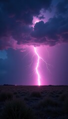 Stark lightning bolt strikes open field near Roswell , dark night, uninhabited