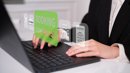 Business booking confirmation online digital service buy flight check order hotel travel concept