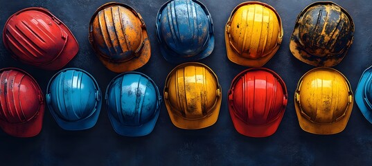 Assorted colorful hard hats piled on a surface. Workplace safety theme,