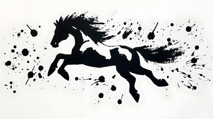 Dramatic abstract artwork depicting a galloping horse in motion with strong expressive ink lines and contrasting splashes conveying a sense of energy power and fluid grace