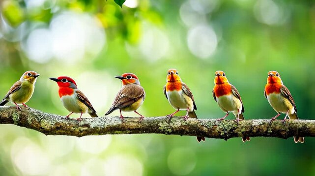 Cute birds perching on a tree branch with a blurred green background showcasing nature&acirc;&euro;&trade;s beauty, 6 cute birds perching on a tree, blurred green background