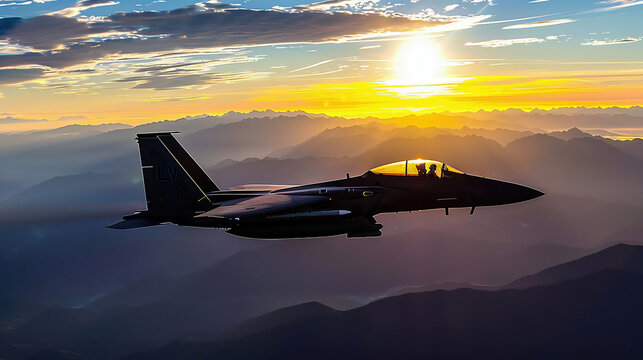Military aircraft flying over the clouds in amazing sunset