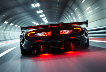 Realistic Photo of Racing Car with Neon Glow in High-Speed Tunnel, racing car at high speed