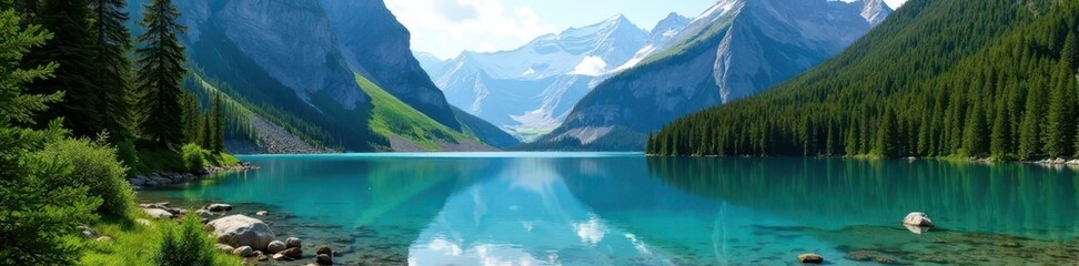 Obraz premium Crystal clear mountain lake surrounded by towering evergreens, panoramic view, scenic, high-angle, shadowy