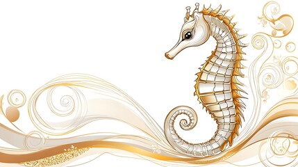 Fototapeta premium Enchanting and Ethereal Botanical Depicting a Gracefully Floating Seahorse Surrounded by Flowing Ink Lines and Organic Floral Elements in an Underwater Scene