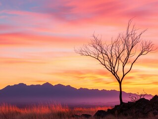 Obraz premium A stunning sunset landscape featuring a silhouette tree against vibrant colors.