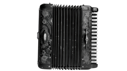 Black accordion with white keys and intricate design