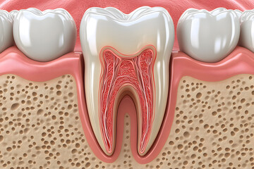Illustration shows tooth structure, highlighting roots and gum tissue, focusing on dental anatomy