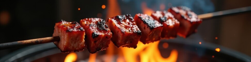 Charred beef cubes sizzle on skewers over open flames , grill, food