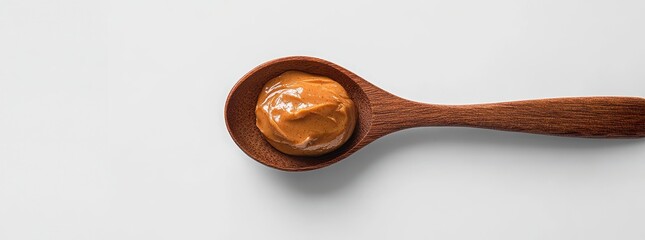 Creamy natural nut butter on wooden spoon against minimalistic white background, perfect for food styling and healthy lifestyle concepts