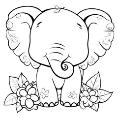 Fototapeta premium Cute Baby Elephant with Flowers - Line Art
