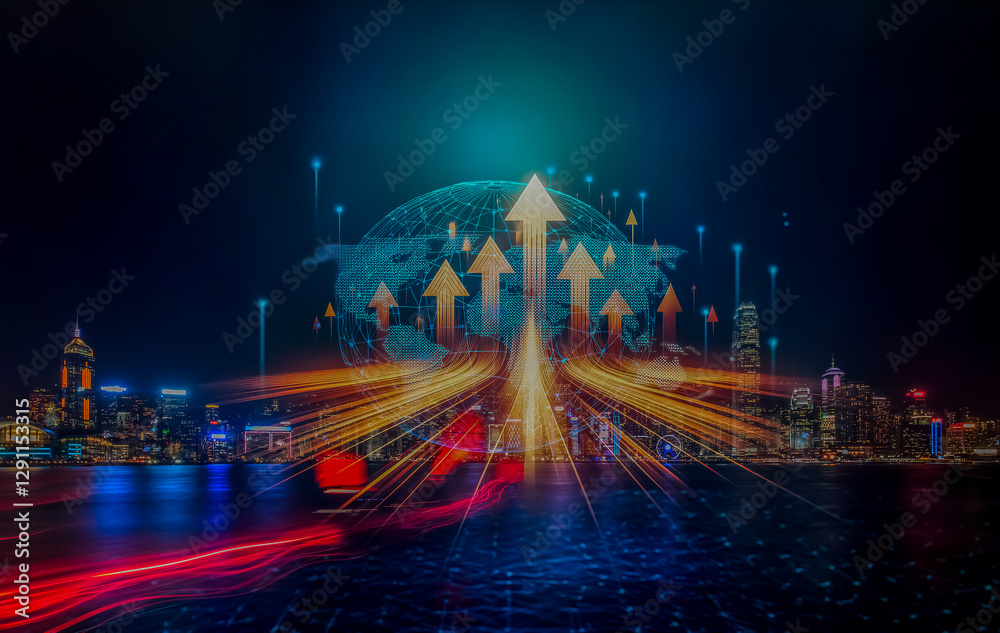 Aufkleber hong kong's vibrant night skyline merges with digital arrows, symbolizing business growth and a forw