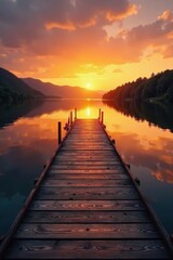 Obraz premium Empty wooden dock extends into still river at sunset, orange hues , sunset, evening