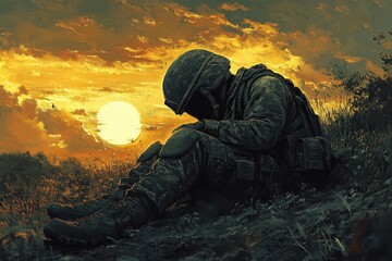 A Solemn Soldier Is Contemplating Against A Fiery Sunset Landscape