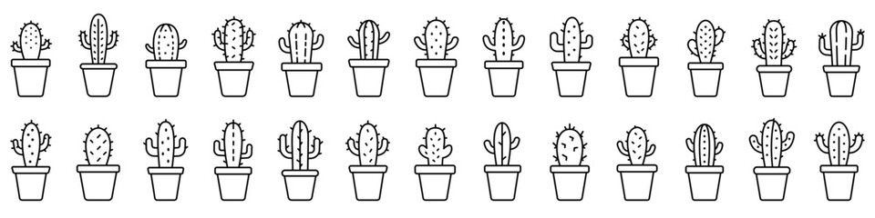 Cactus icon. Editable stroke. Set of black linear icons of cactus in a pot. Plant symbol. Vector illustration