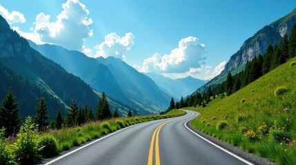 Scenic Winding Road Through Majestic Mountain Range Under a Sunny Sky with Lush Green Meadows and Vibrant Wildflowers