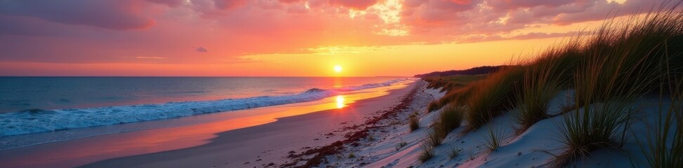 Fototapeta premium Towering dunes, vast Lake Michigan beach New Buffalo sunset , water, bluff