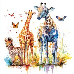 Vibrant Watercolor Painting of Giraffes and Cheetah Cub