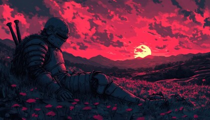 A weary knight rests in a field under a crimson sky