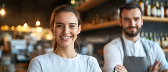 Smiling Waitress and Barman in a Cafe