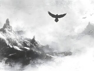 Majestic silhouette of a soaring bird over misty mountains with ethereal clouds and distant peaks